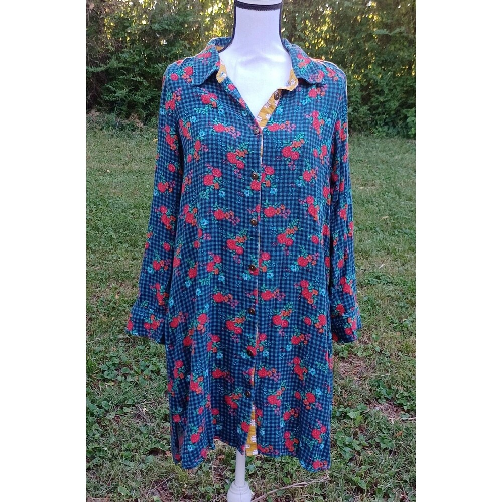 Matilda Jane Womens Size S Blue Green Plaid Floral Long Sleeve Button Up Dress